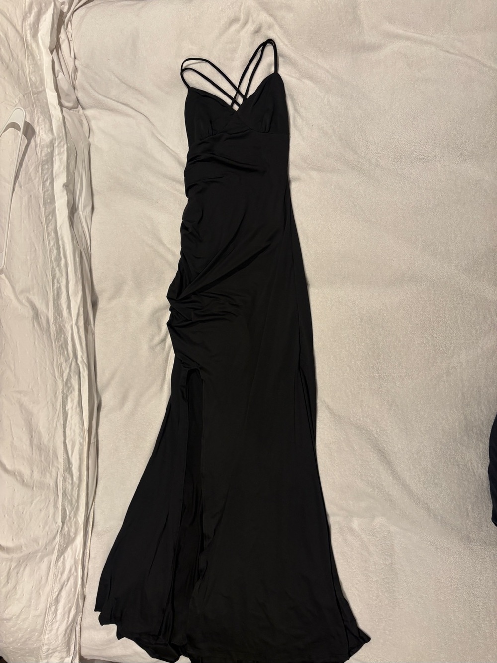Black Strappy V-Neck Maxi Dress High Slit and Slight Train